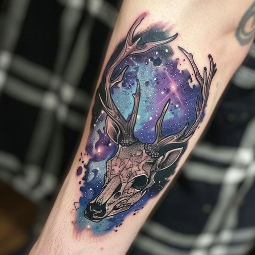 Surreal deer skull tattoo with cosmic elements