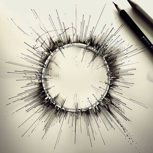 Energetic flat tattoo sketch of a circle with radiating sunburst lines