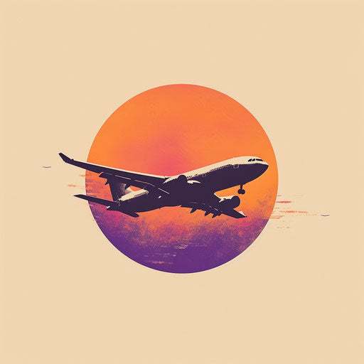 Silhouette of plane at sunset, orange and purple