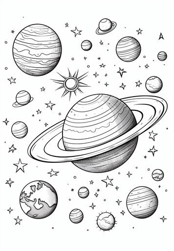 Kids can color all the planets around the spaceship coloring page
