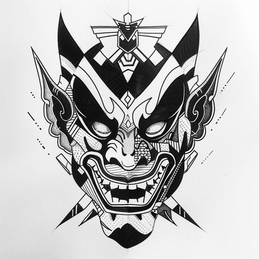Stylized flat tattoo sketch of a Hannya mask with bold geometric patterns