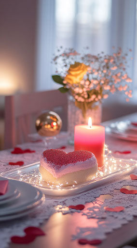 Valentine's Day table setting with heart-shaped cake, flowers, and candles