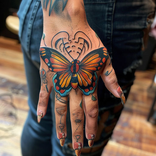 Butterfly hand tattoo with whimsical themes