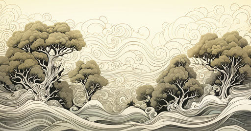 Swirling trees with bold black outlines under swirling clouds