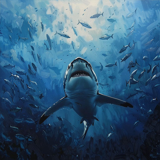 Bull shark in the deep blue sea surrounded by schools of fish, in the style of Vincent Munier