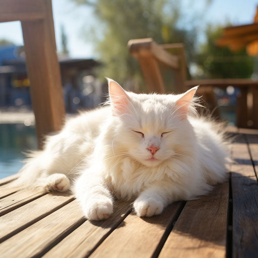 White cat lying on a dock