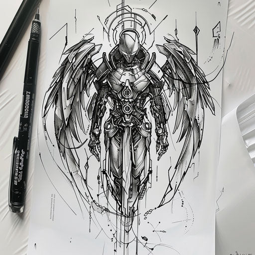 Futuristic tattoo sketch of the angel of death with cybernetic elements, in metallic shades