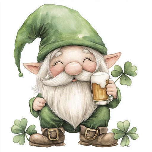 St. Patrick's Day: cute gnome with beer and clover leaf