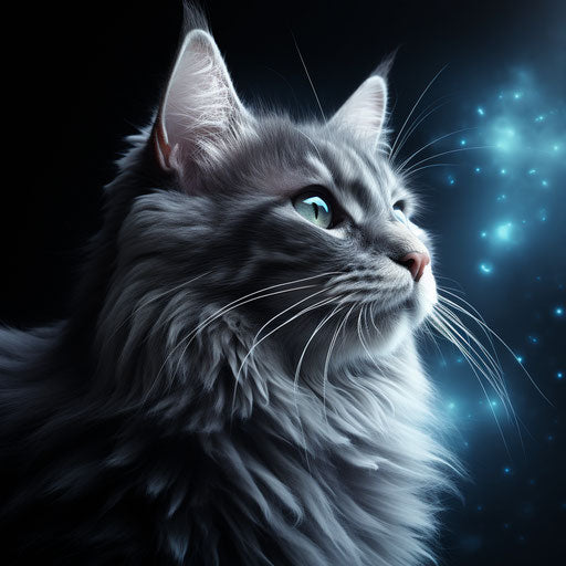 Cat on black background, light sky-blue and dark silver style