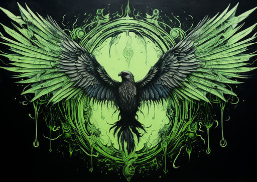 Supernatural witch wings drawing in light black and green style