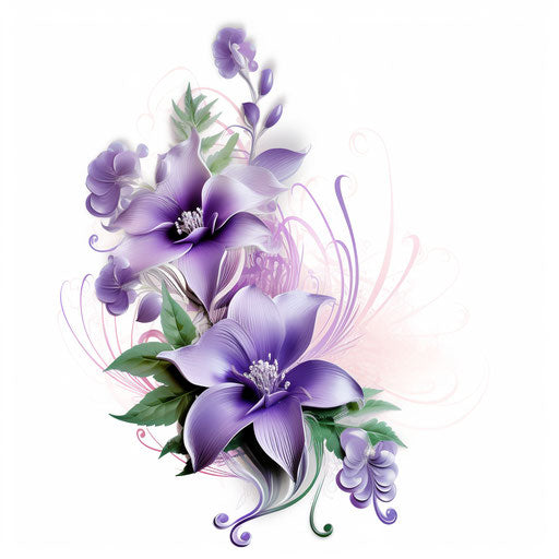 Clipart flowers in light purple and green on transparent background