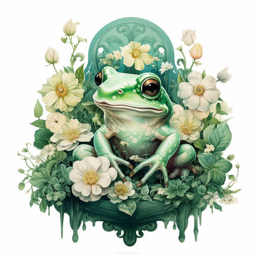 Watercolor frog on flowers, baroque style, emerald and beige