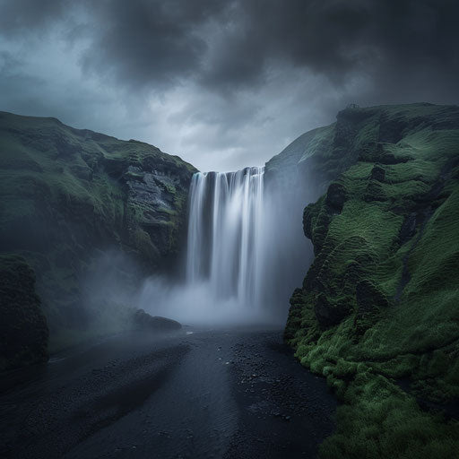 Skogafoss waterfall with moody atmosphere and powerful flow