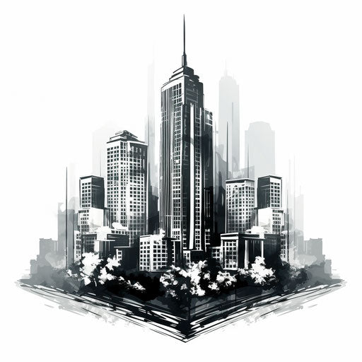 Skyscraper illustration in the style of Chiaroscuro Art, on white background