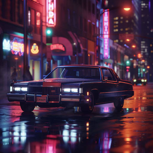 83 Cadillac Coupe DeVille on neon-lit city street at night