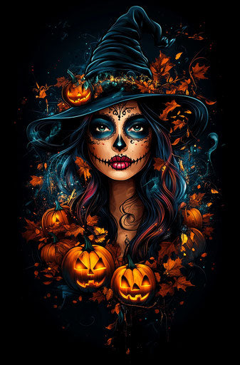 Woman with sugar skull makeup and witch hat, surrounded by pumpkins