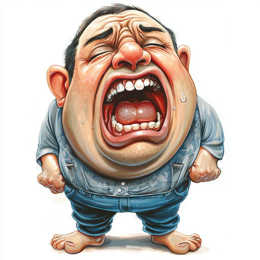 Humorous caricature of a crying caricature clipart with human characteristics, exaggerated chubby cheeks, with toes feet, playful setting, vibrant colors, cartoon style, laughing, high-resolution, no background, isolated