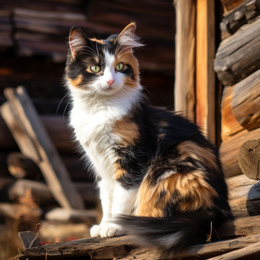 Calico cat sitting in front of a log cabin