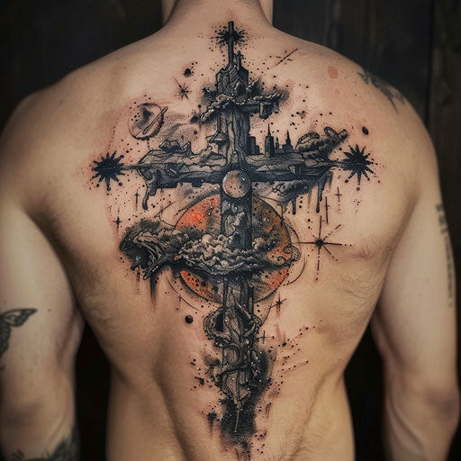 Surreal and celestial cross tattoo for men