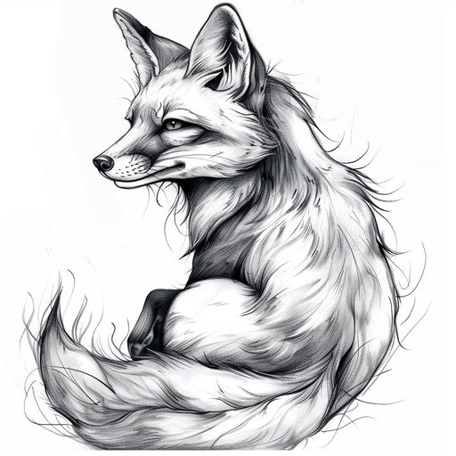 Delicate fox tattoo in fine art style, detailed shading