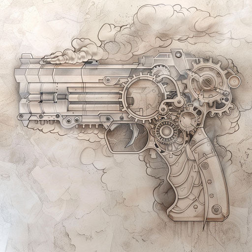 Steampunk gun tattoo concept, with gears and steam