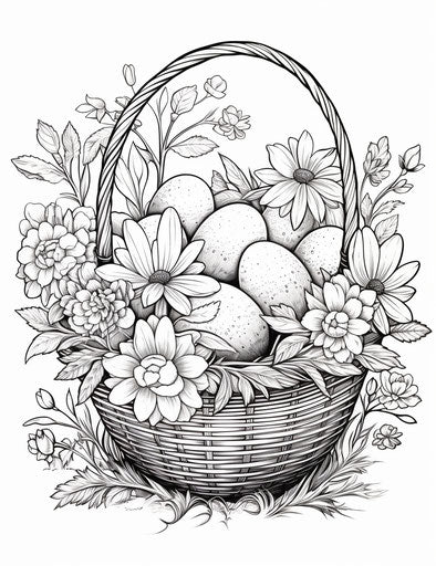 Easter Basket Coloring Page, Exquisite Black and White Engravings Style