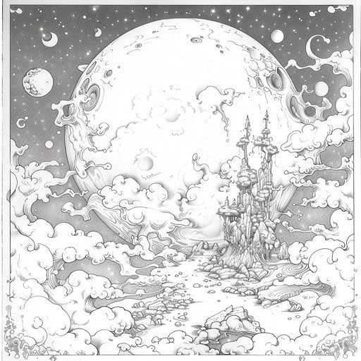 Fantasy moon with magical elements in the style of Mamoru Hosoda