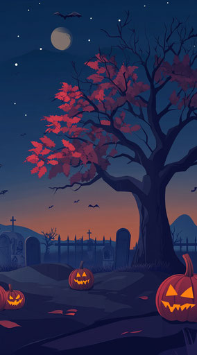 Halloween background with dark tree, pumpkins, and vampire in graveyard, night scene wallpaper for phone.