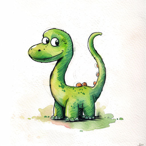 Concept art for cartoonish dinosaur tattoo, friendly diplodocus on white canvas