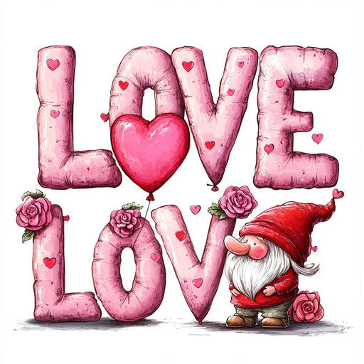 Valentine's Day, word 'LOVE' in hearts and roses, cute gnomes in red hats with pink heart-shaped balloons, white background, digital art