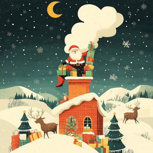 Santa Claus and his reindeer on the chimney with presents