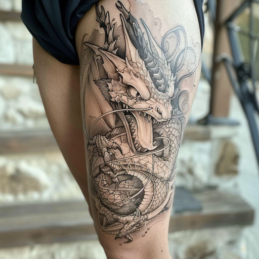 Knee tattoos: Glenn Fabry style, mythical dragon