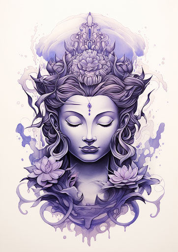 Painting of a buddha, tattoo inspired style, navy and light violet, graphite sketches