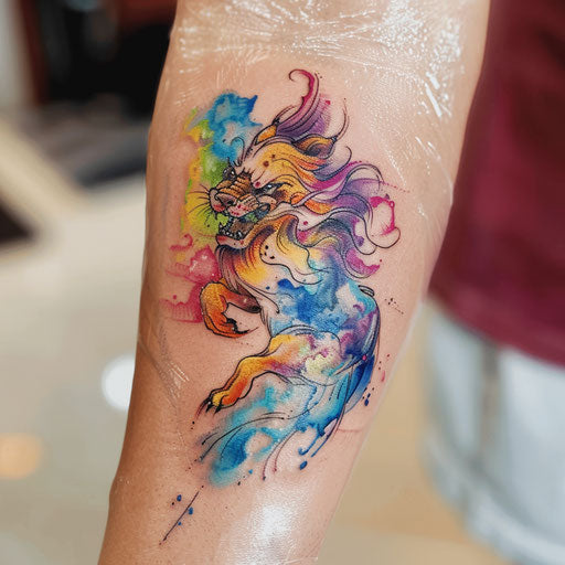 Impressionistic foo dog tattoo with brushstroke effects and vivid color blends on a white surface.