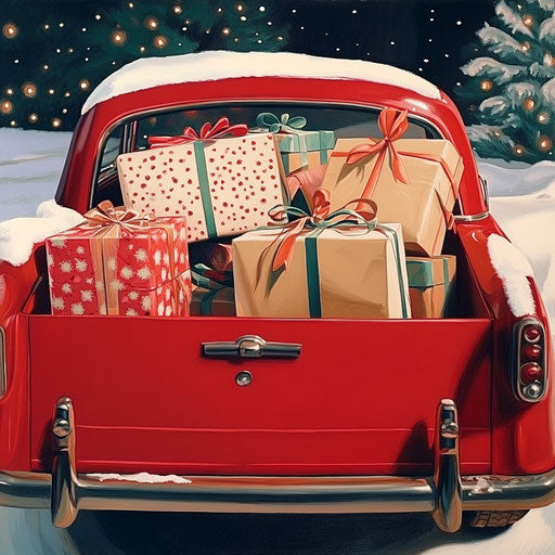Cheerful stack of Christmas gifts in a vintage red car