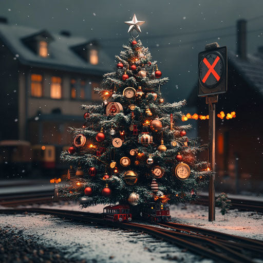 Christmas tree decorated with miniature trains and station clock