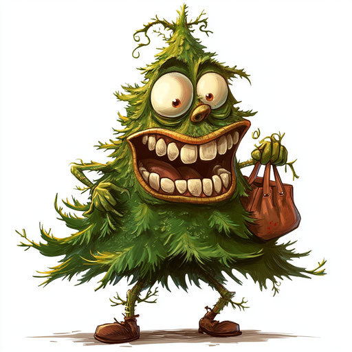 Humorous caricature of a Christmas tree with human characteristics