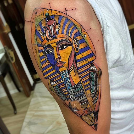 Vibrant flat tattoo sketch of a pharaoh with rich jewel tones and geometric patterns
