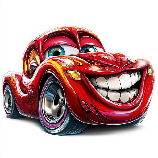Humorous caricature of a red car with exaggerated human characteristics