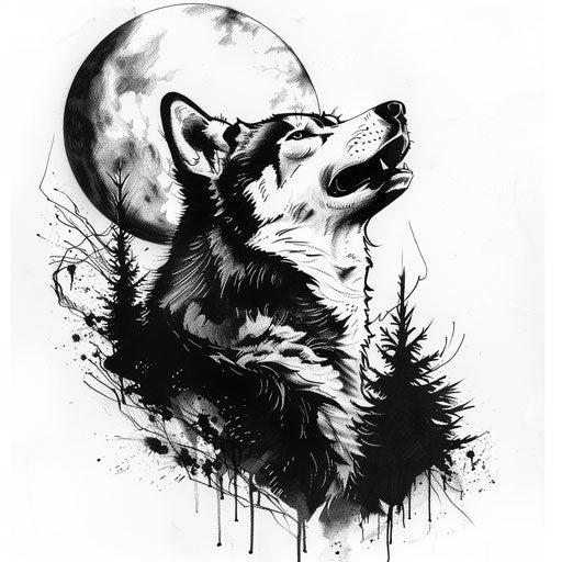 Bold and expressive flat tattoo sketch with a husky howling at the moon