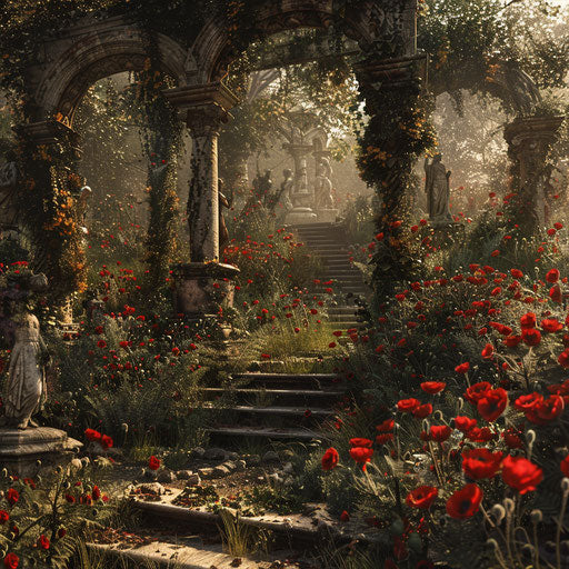 Forgotten garden overrun by nature, wood poppies