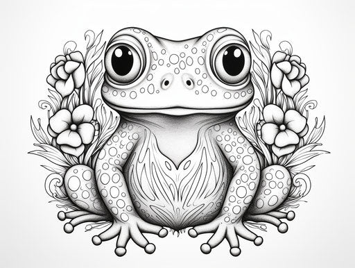 Frog with heart drawing coloring page, calm style