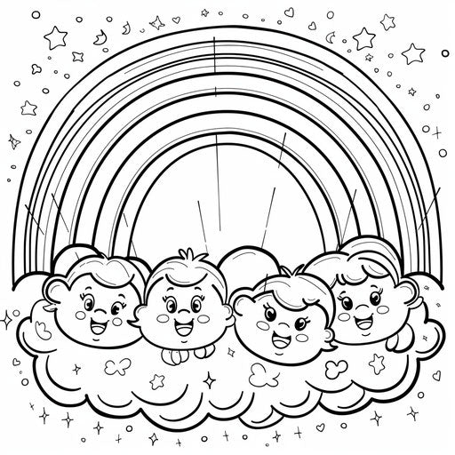 Whimsical rainbow with fluffy clouds and smiling faces