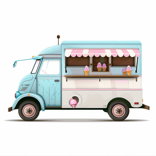 Ice cream truck in realistic style with flat white background