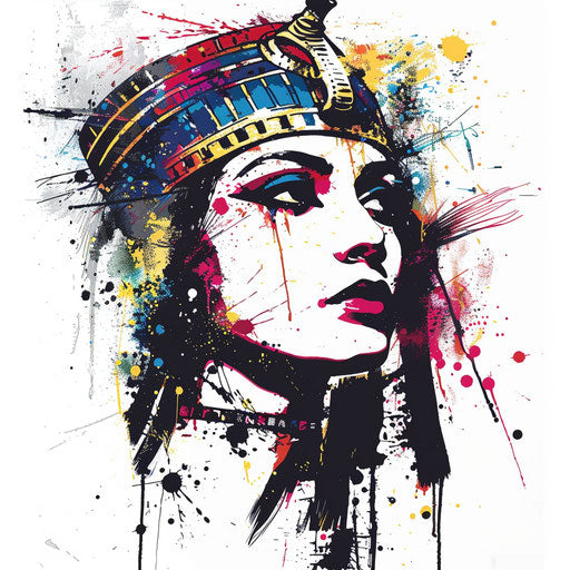 Modern art-inspired Cleopatra tattoo stencil with splashes of color on white