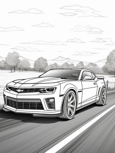 Chevrolet Camaro road car coloring page, dynamic action scenes style, raw character, hurufiyya, #vfxfriday, transportcore, meticulous technique 3:4