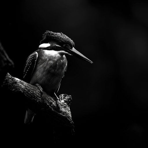 Kingfisher in high-contrast black and white photo