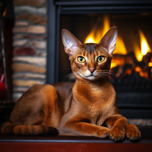 Abyssinian cat in front of a fireplace