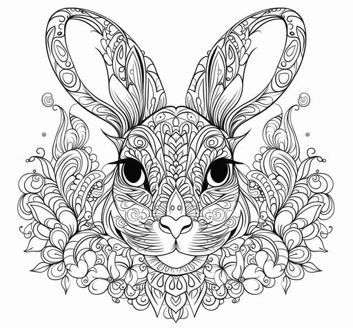Black and grey rabbit face coloring page, hand-drawn style