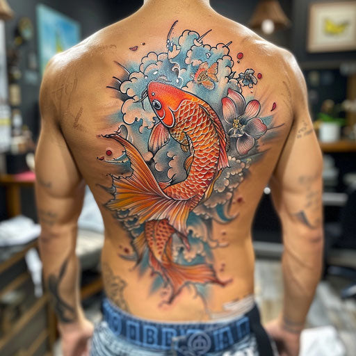 Lower back tattoo of a koi fish, Ed Hardy style